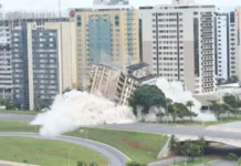 Destroços da implosão do Torre Palace atingem hotel vizinho